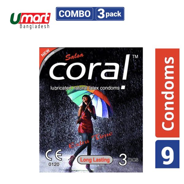 Coral- Long lasting extra time Lubricated Natural Latex Condom-Single Pack-3x1 - 3 Piece